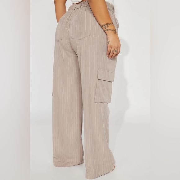 EUC Fashion Nova Nikki Cargo Trouser - Taupe/white pinatripe - Picture 6 of 7